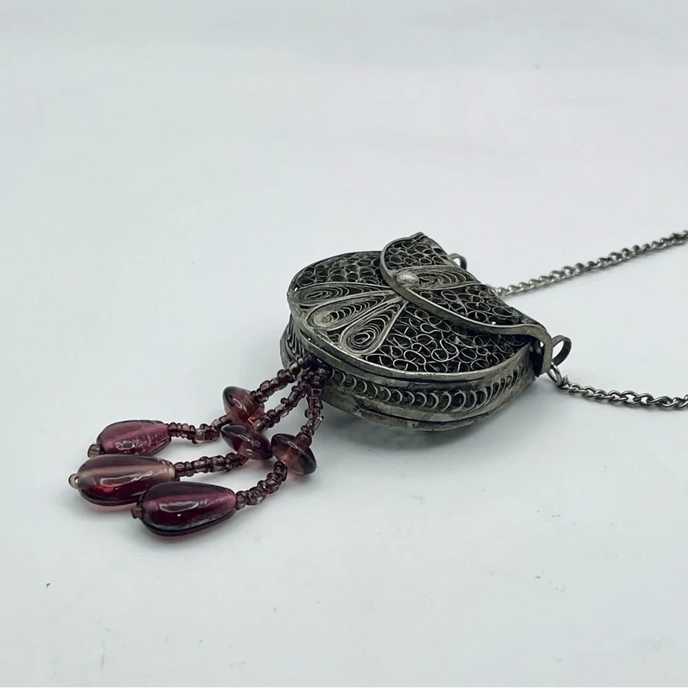Antique Silver Filigree Purse Pendant Necklace With Amethyst Accents - Picture 7 of 15